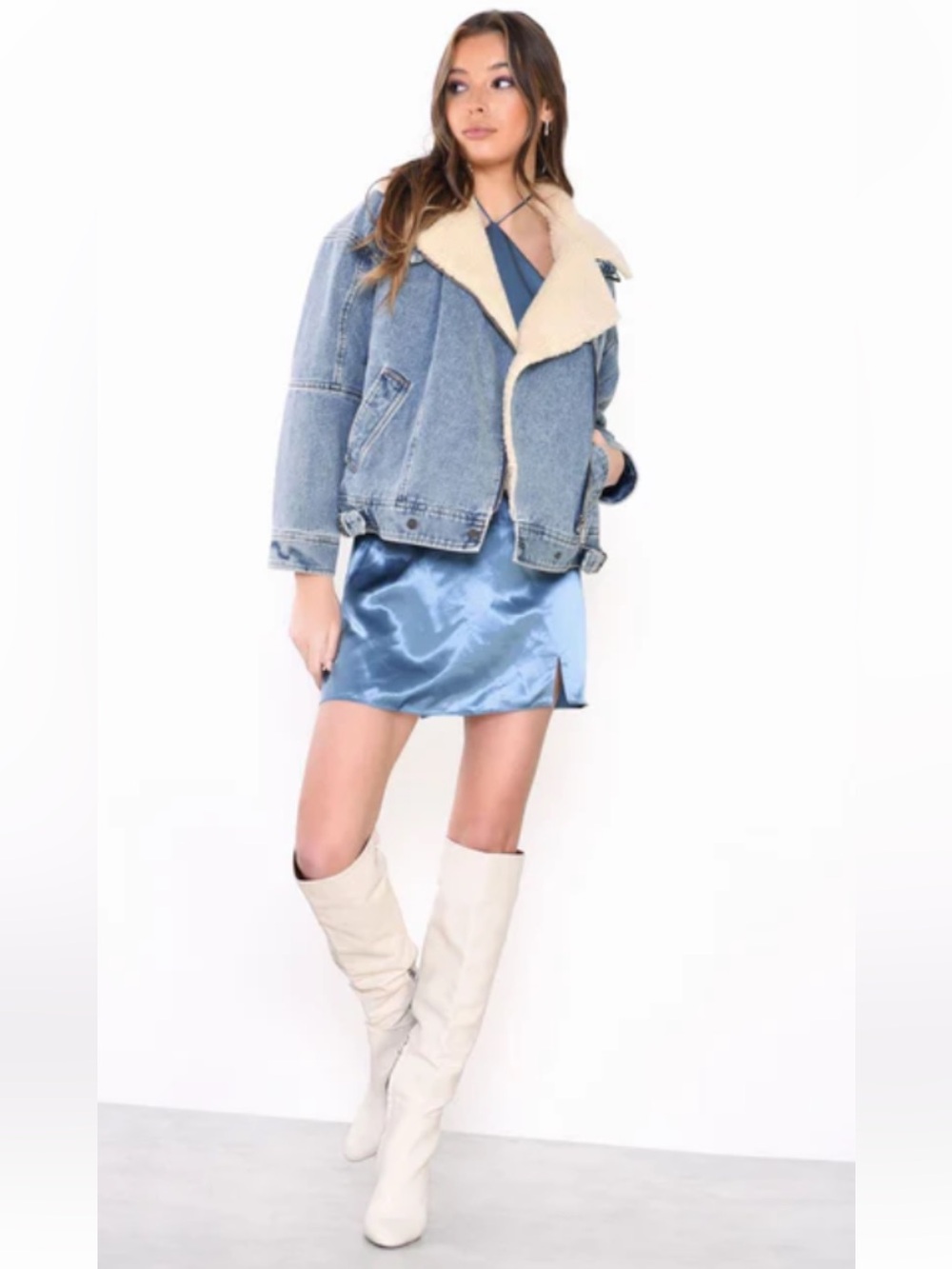 GLAMOROUS UK relaxed fit Denim Sherpa-Lined Jean/Denim coat/Jacket Size 10.